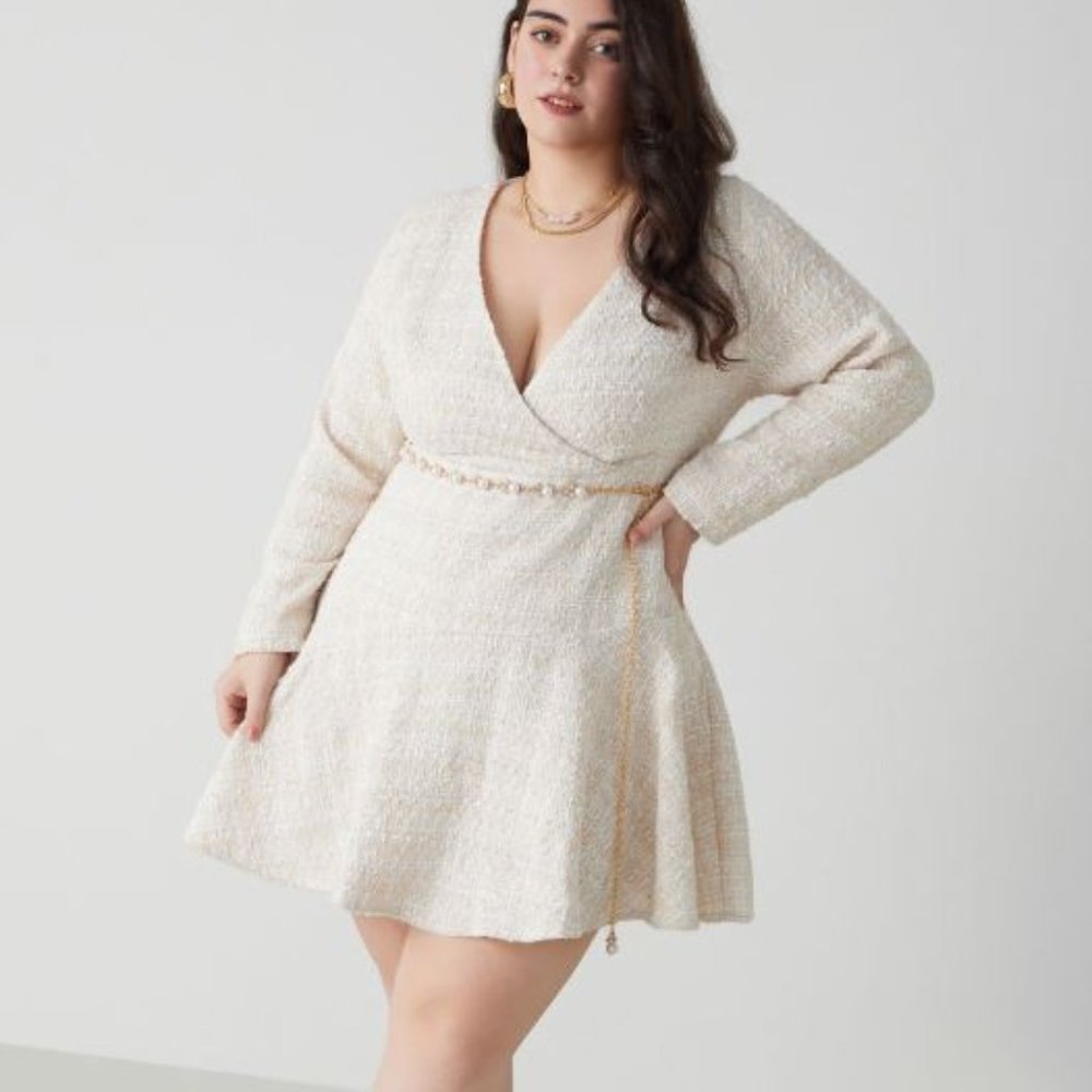 Tweed V-neck Solid Faux Pearl Mini Dress